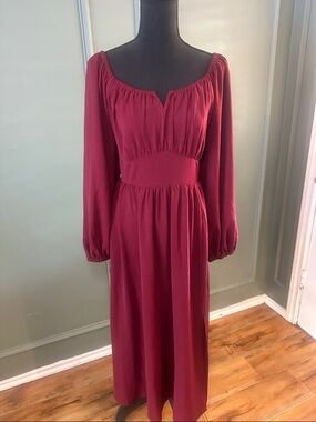 Long Sleeve Burgundy Midi Dress with Smocked Waist